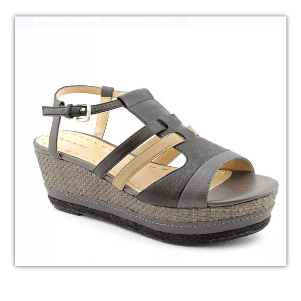 Tahari Jane Taupe/Black Leather Platform Sandals